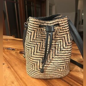 Woven Raffia Bucket Bag with Black Trim